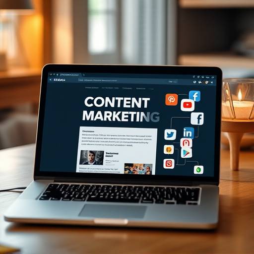 Laptop displaying a blog post and social media icons, representing Content Marketing